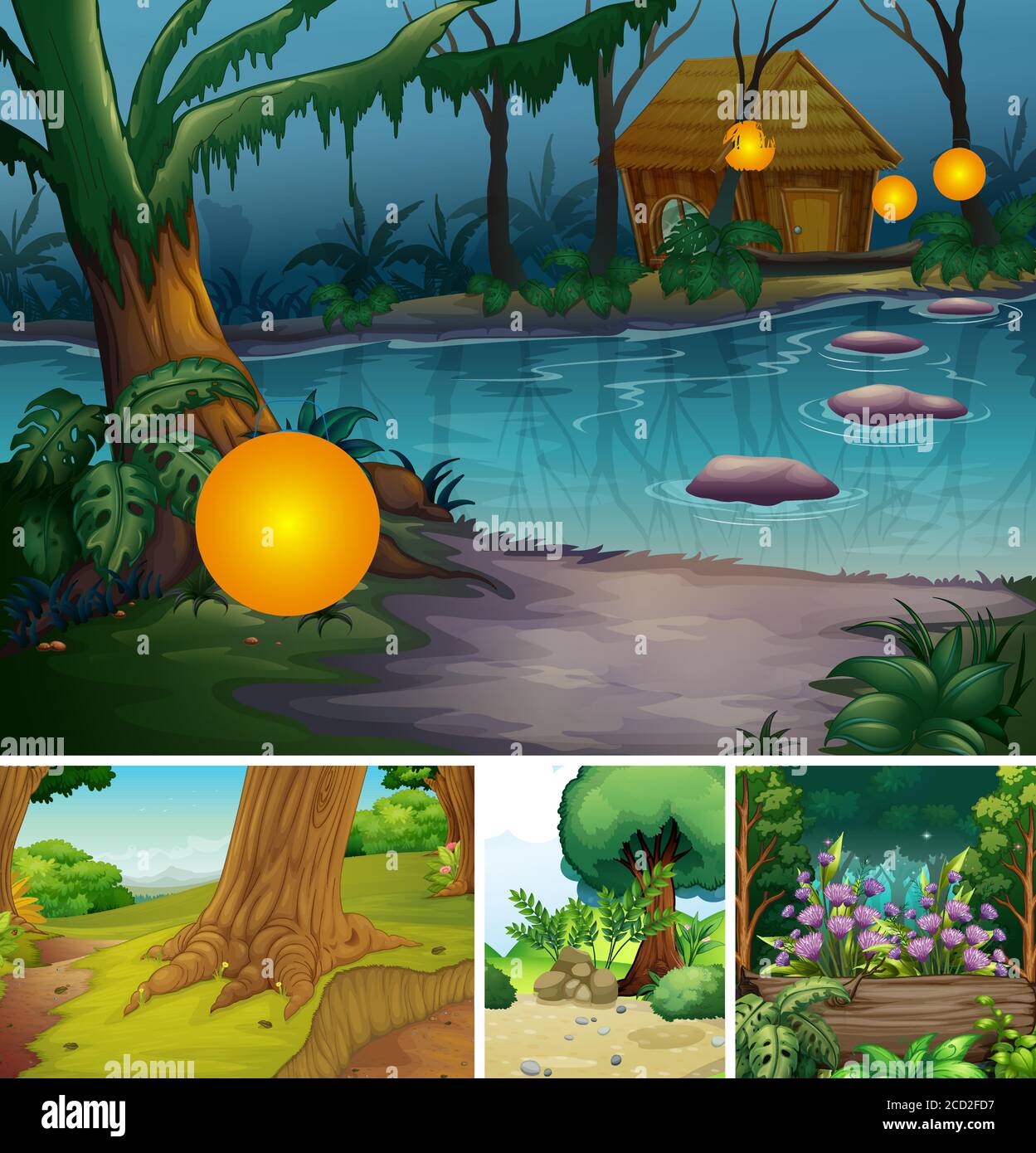 Cuatro diferentes escenas de naturaleza de bosque y pantano dibujos  animados estilo Imagen Vector de stock - Alamy