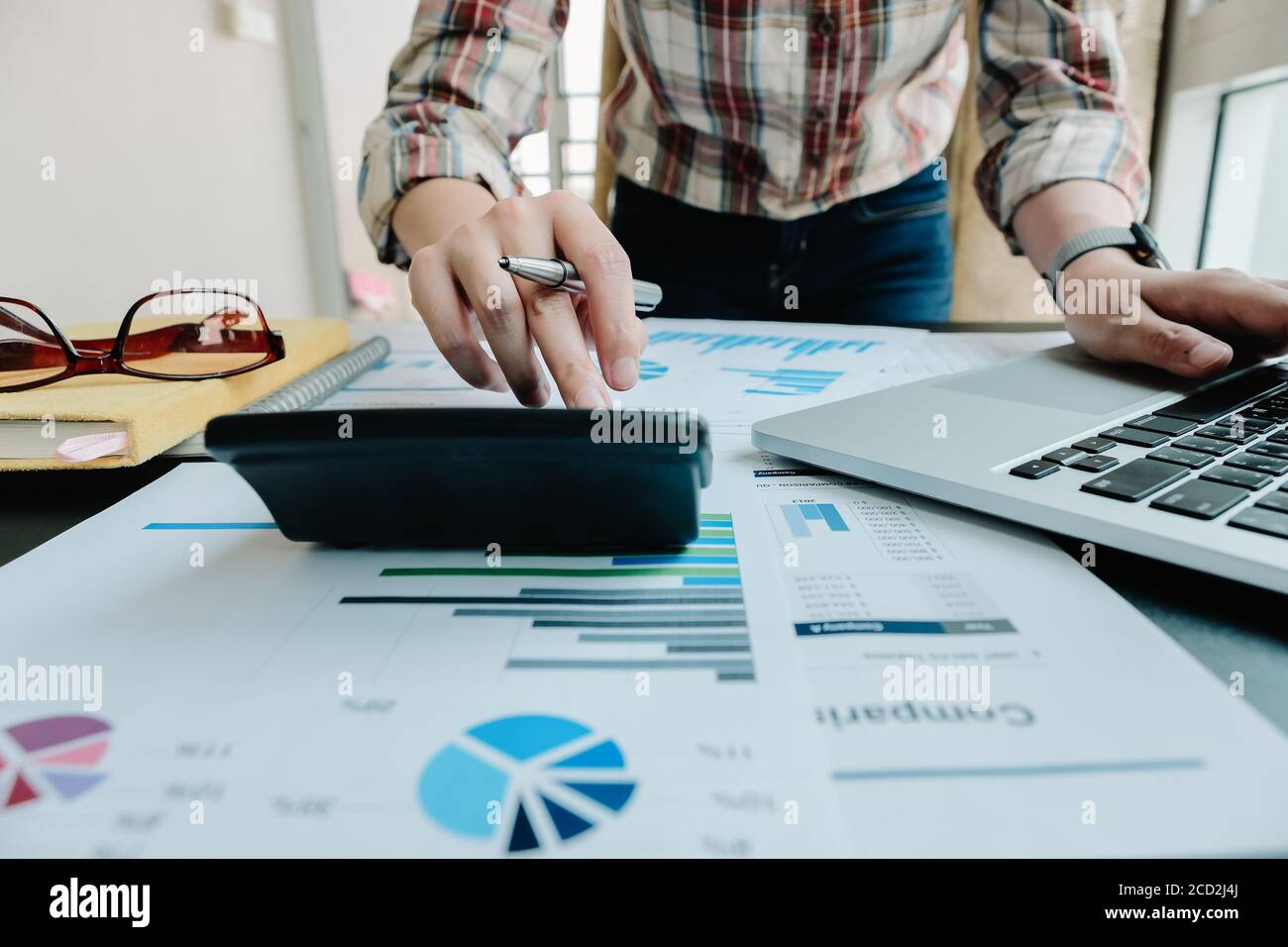 El contable o el inspector financiero realiza el reporte, el cálculo o el control del balance. Finanzas domésticas, inversión, economía, ahorro de dinero o seguros Foto de stock