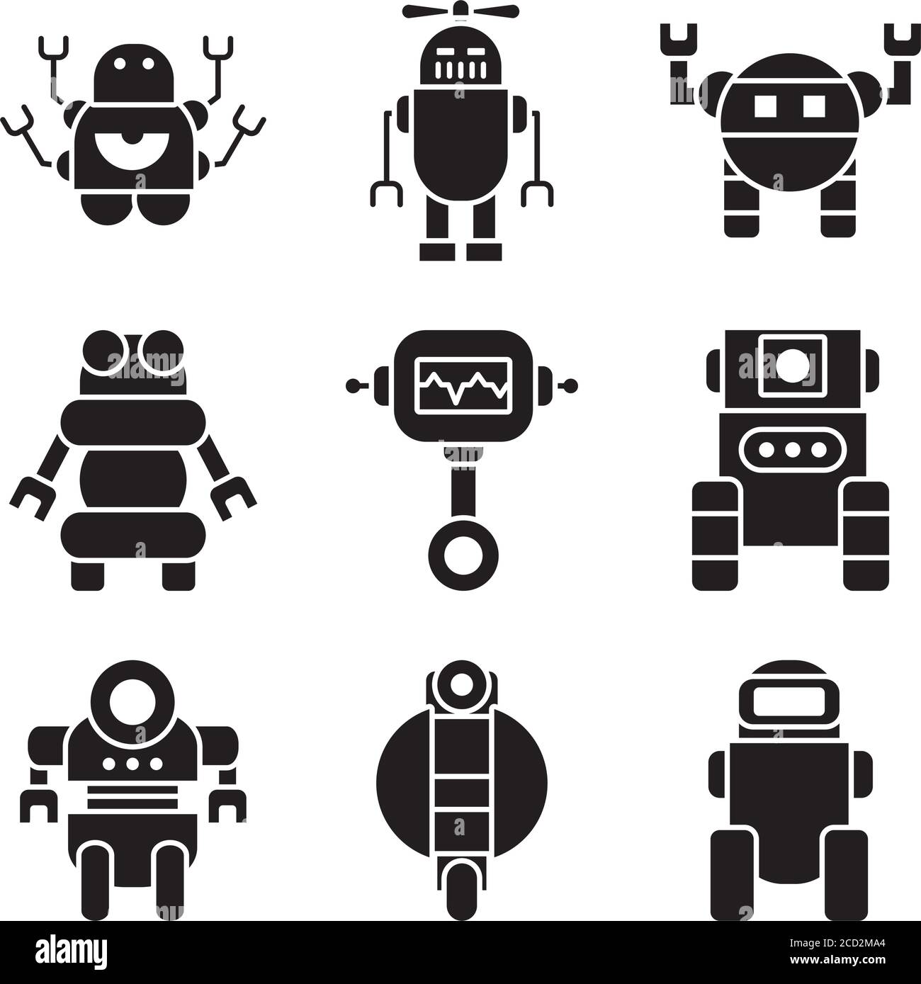robots de dibujos animados e icono de robótica sobre fondo blanco, estilo  de silueta, ilustración vectorial Imagen Vector de stock - Alamy