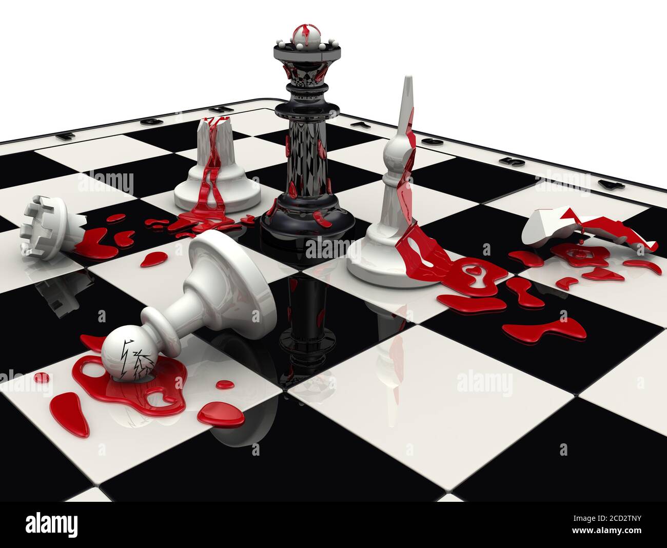 Batalla de Ajedrez. Las piezas negras ganaron. Tablero de ajedrez Bloodly  con piezas blancas de ajedrez matadas y una reina viva. Fragmento de una  batalla de ajedrez. Ilustración 3D Fotografía de stock -