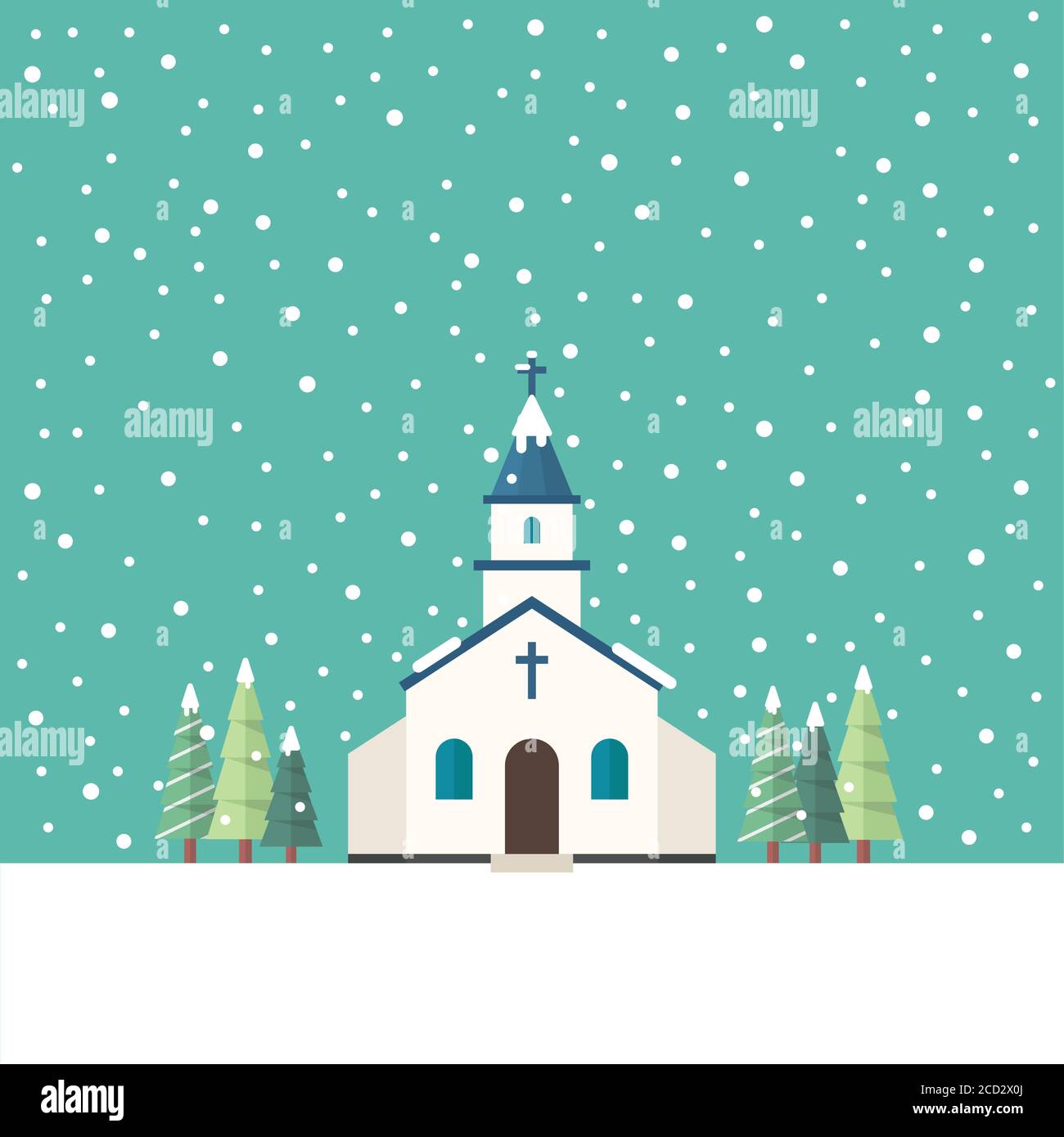 Iglesia de estilo plano en la temporada de invierno. Ilustración vectorial Ilustración del Vector