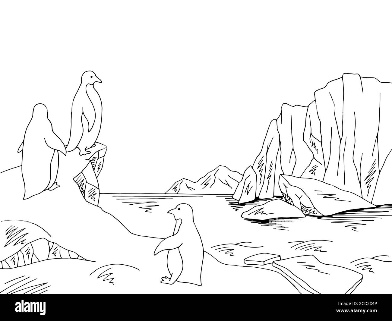 Pingüinos en la Antártida en el dibujo del iceberg blanco negro vector de ilustración horizontal Imagen Vector de stock - Alamy