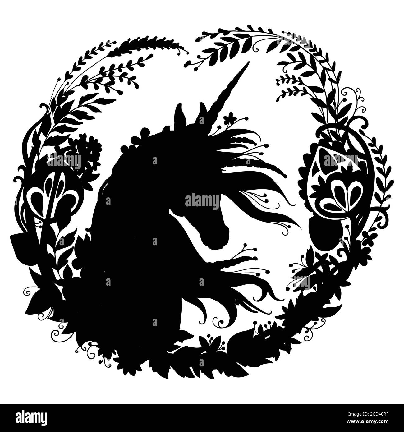 Vector unicornio con mane largo en composición circular. Ilustración de plantilla silueta negra aislada sobre fondo blanco. Para impresión, pegatinas, diseño, Ilustración del Vector