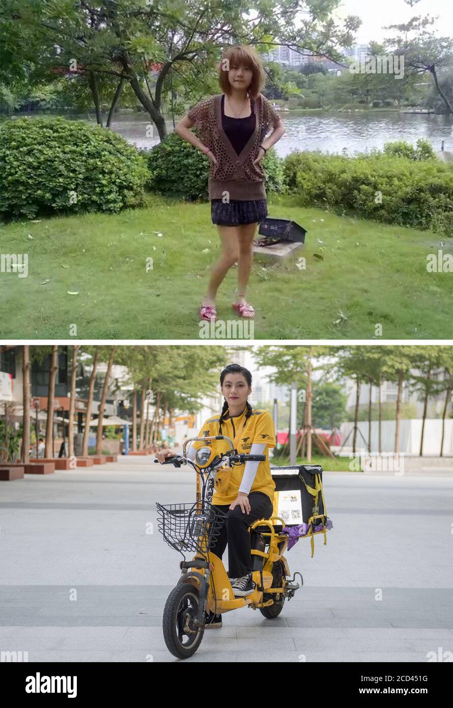 (200826) -- SHENZHEN, 26 de agosto de 2020 (Xinhua) -- la foto combinada muestra Cai Lixin en 2012 cuando trabajó en una fábrica de electrónica (up) y Cai posando en ropa de trabajo en una calle en Shenzhen, al sur de la provincia de Guangdong, el 21 de agosto de 2020 (Abajo, foto tomada por Mao Siqian).Cai Lixin dejó su ciudad natal Lufeng de Guangdong y vino a Shenzhen con su hermana mayor en 2011. Al principio, trabajó en una fábrica de electrónica que hizo teléfonos móviles. En 2016, cambió su trabajo y eligió ser una persona de entrega para llevar. "Todos los días, paseo por la ciudad, disfrutando del cielo azul y el rico gree Foto de stock