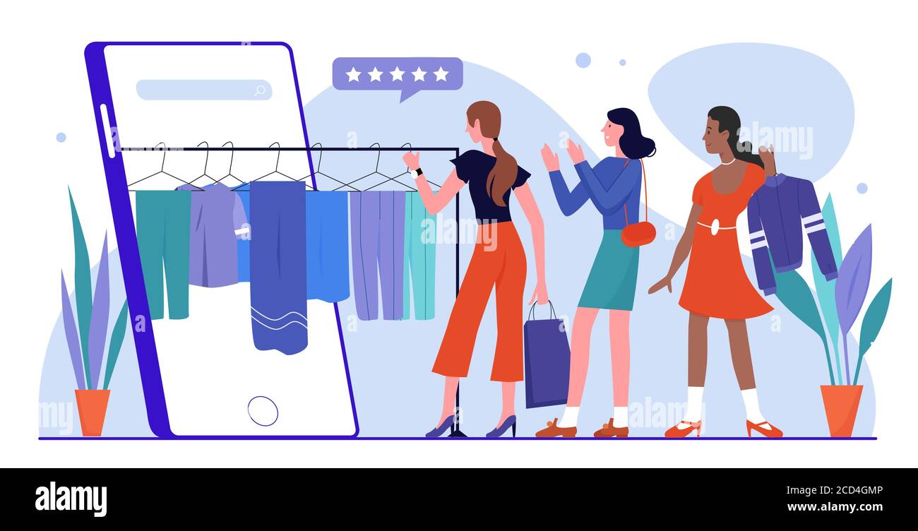 Mujer de compras en línea plano vector ilustración. Dibujos animados personajes de clientes mujeres felices con ropa elegir vestidos con la aplicación móvil tienda de ropa en línea en el smartphone