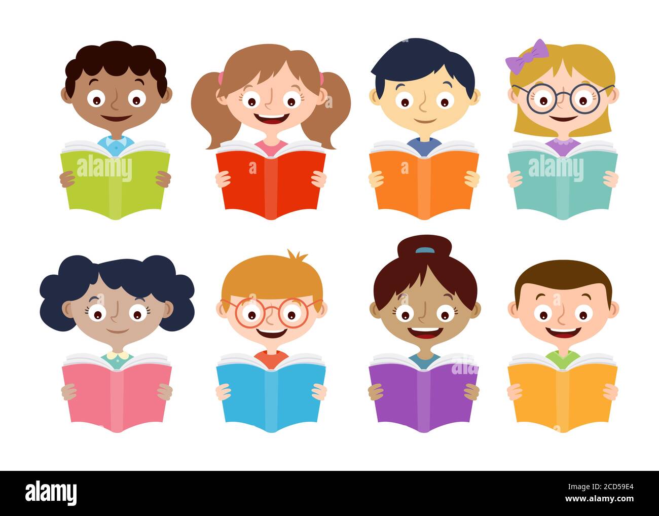 Colección de libros de lectura para niños y niñas. Diseño de personajes de  dibujos animados aislados en blanco. Ilustración vectorial Imagen Vector de  stock - Alamy