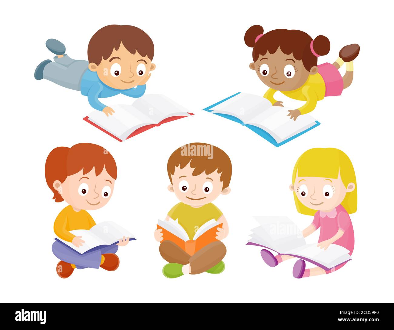 Niños sentados en el suelo y leyendo libros. Colección de dibujos animados  de diseño aislado sobre fondo blanco. Ilustración vectorial Imagen Vector  de stock - Alamy