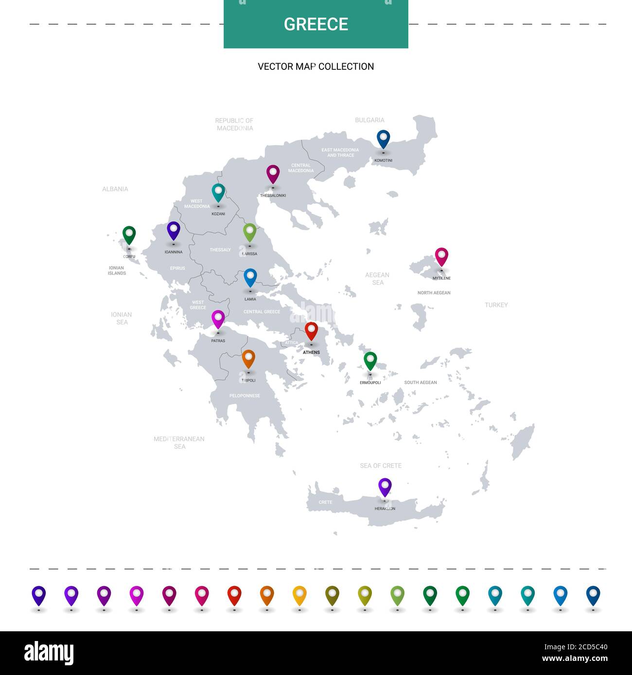 Mapa de Grecia con marcas de localización. Plantilla vectorial