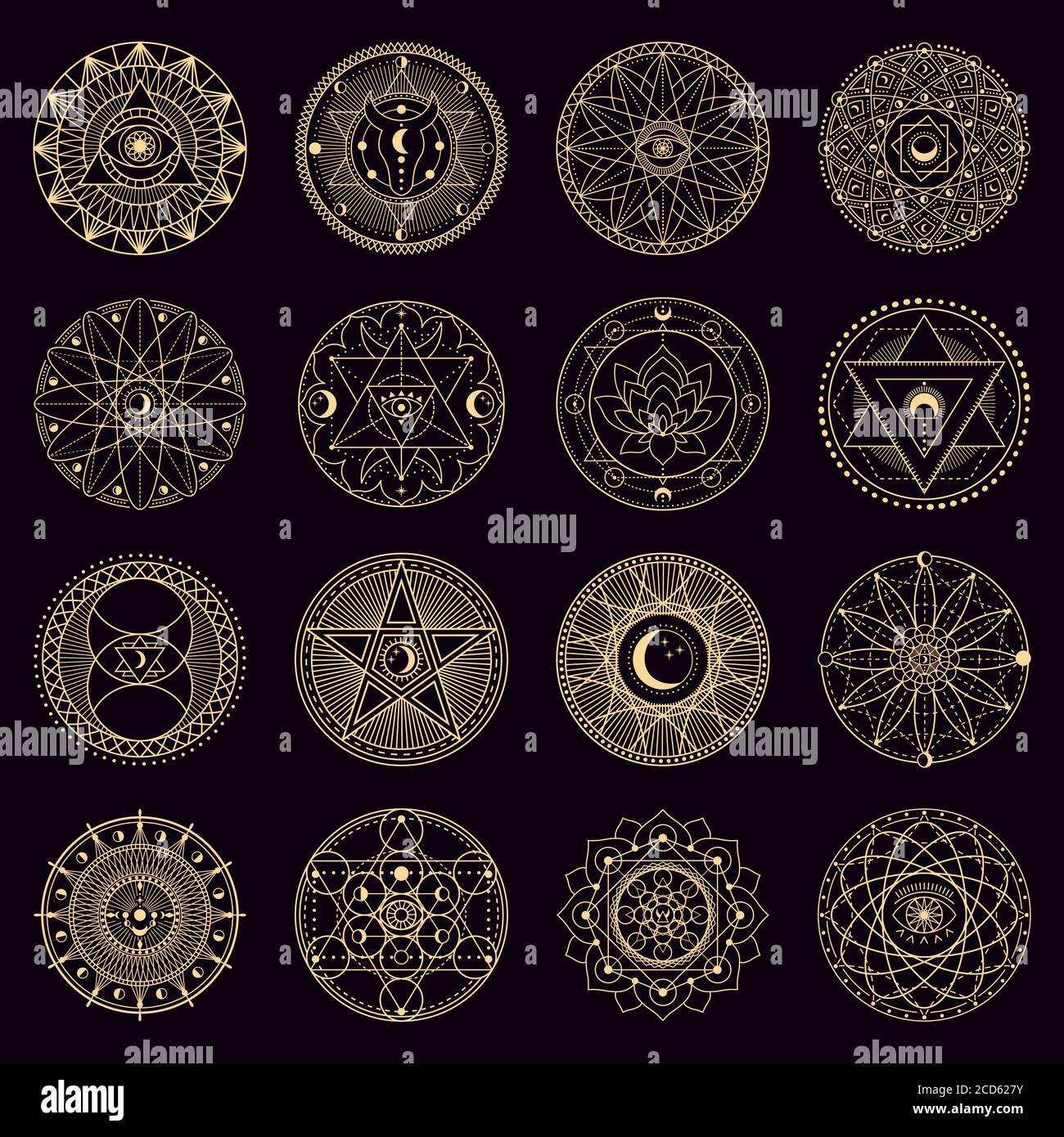 Círculo de hechizos de misterio. Alquimia mística dorada hechicería emblemas circulares, signos de geometría oculta, círculo mágico vector ilustración iconos conjunto Ilustración del Vector