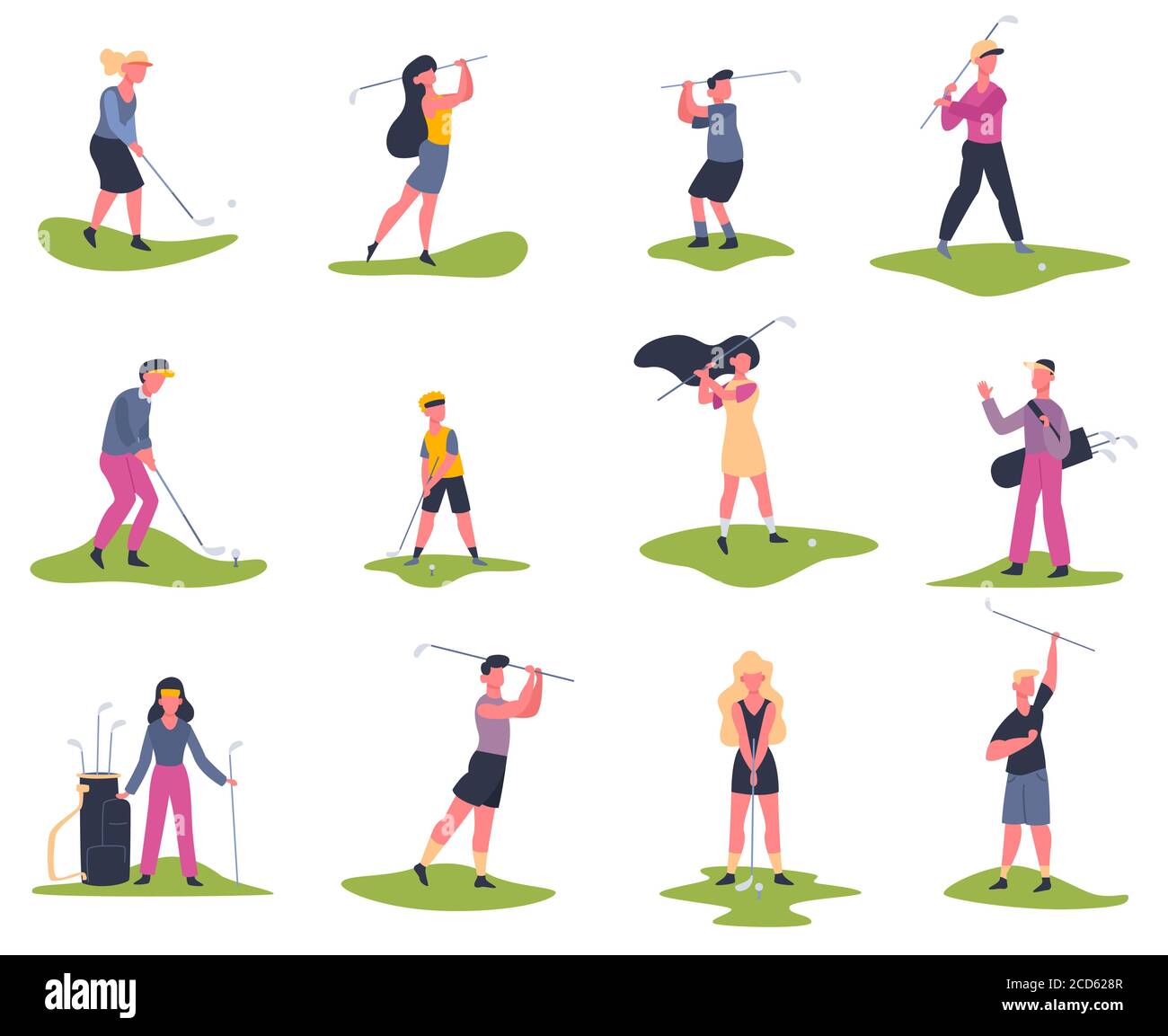 Jugadores de golf. Gente jugando al golf, golfista jugando al balón, actividades de verano al aire libre, personajes de golf vector ilustración conjunto Ilustración del Vector