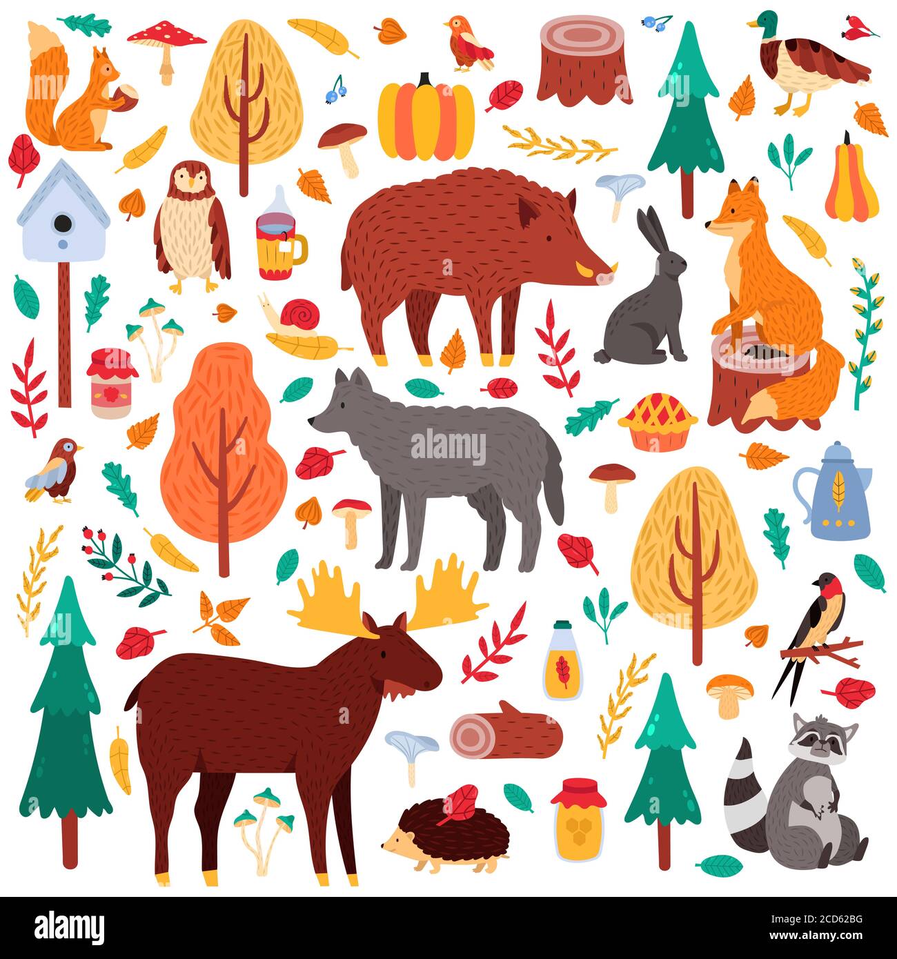 Dibujos animados animales de otoño. Lindos pájaros y animales del bosque,  lobo de pato alce y ardilla, bosques silvestres fauna aislado vector  ilustración iconos conjunto Imagen Vector de stock - Alamy