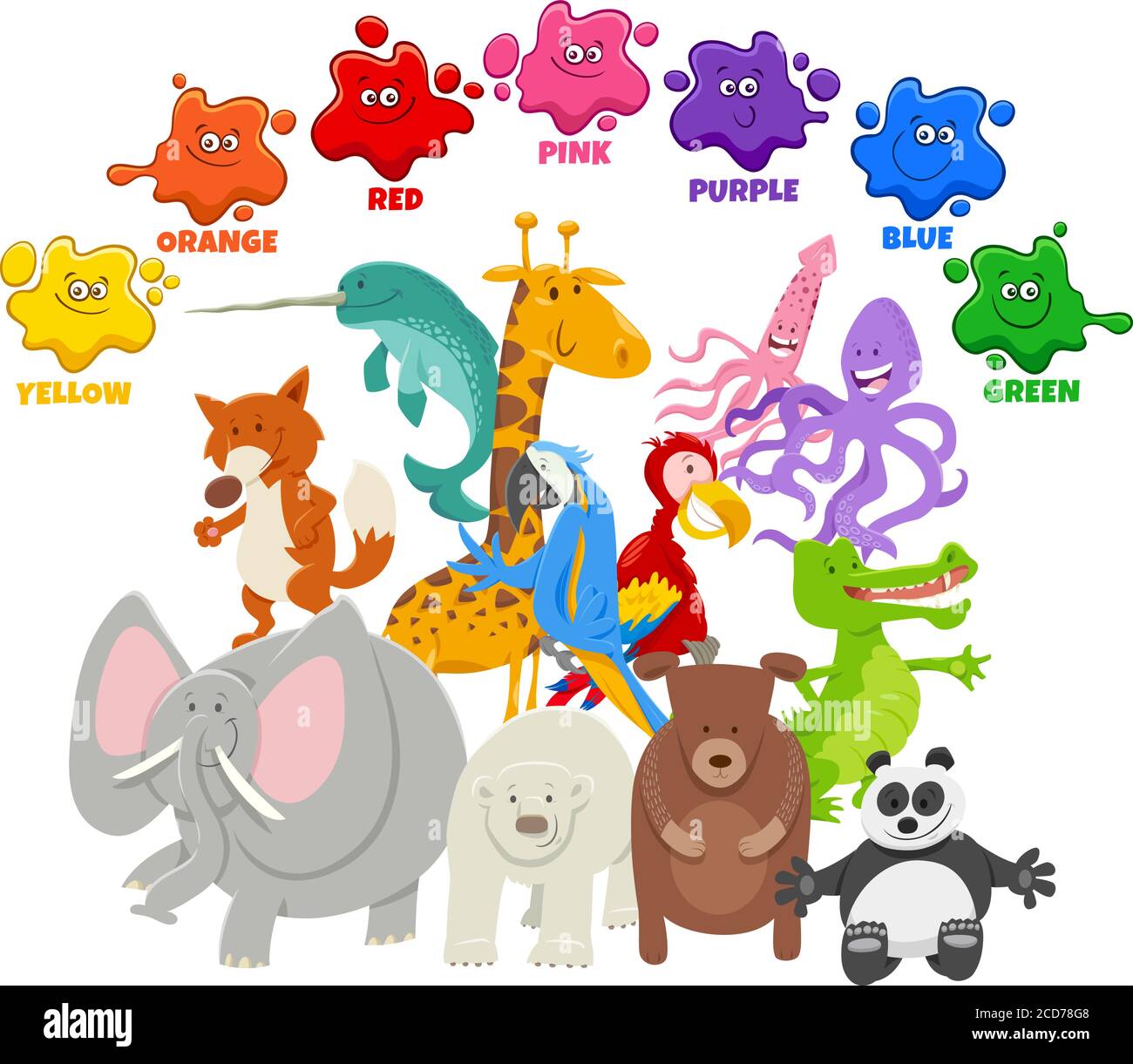 Dibujo de dibujos animados educativos de colores básicos para niños con  animales Grupo de caracteres Imagen Vector de stock - Alamy