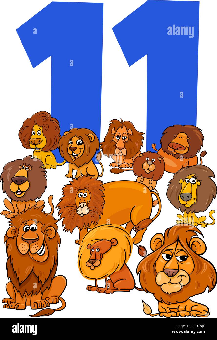 Ilustración de dibujos animados del número once para niños con Leones divertidos Grupo de caracteres animales Ilustración del Vector