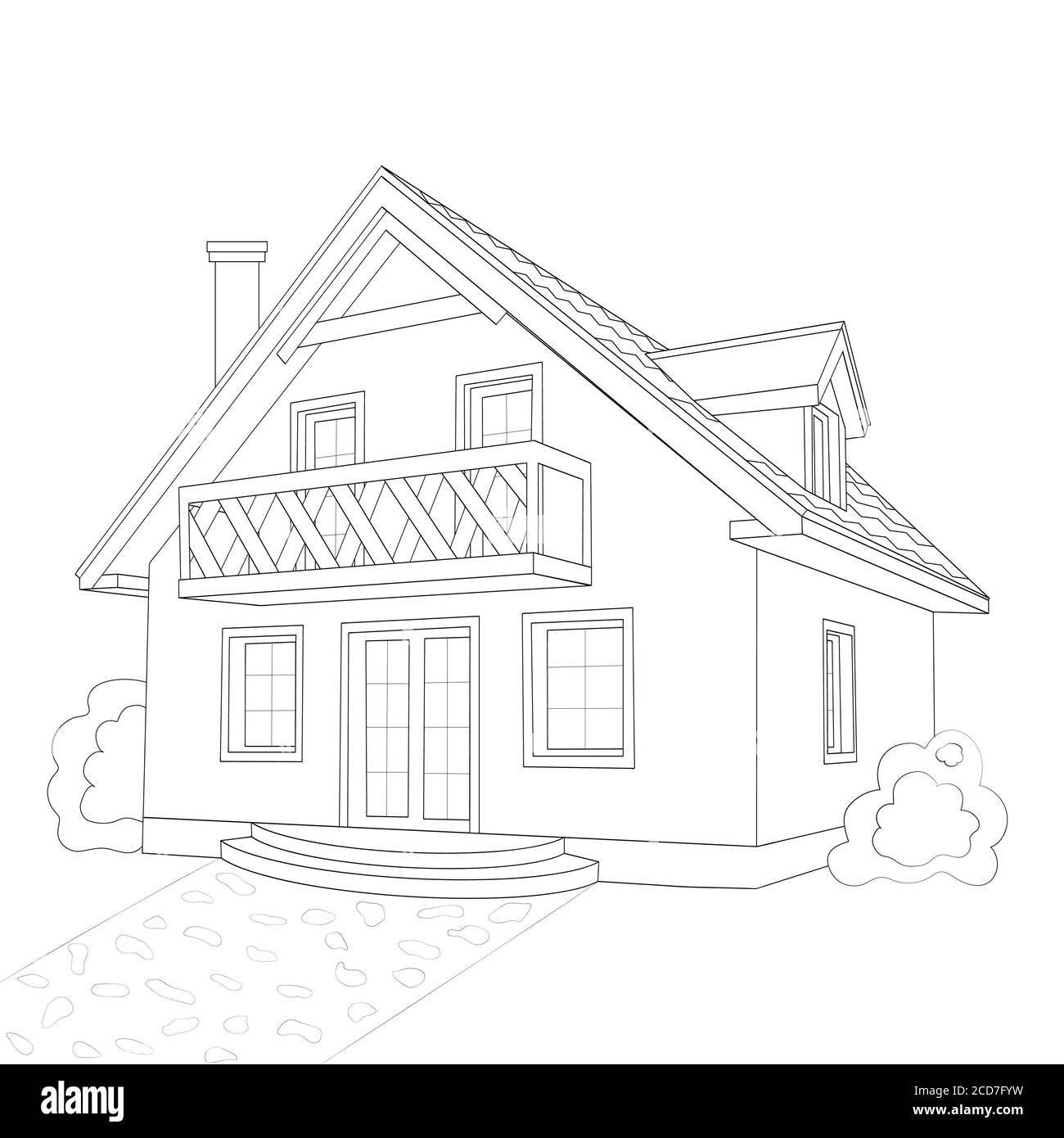 Dibujo de lápiz lineal de la fachada de la casa. Silueta blanca de una casa  tipo cabaña. Aislado. Ilustración Fotografía de stock - Alamy