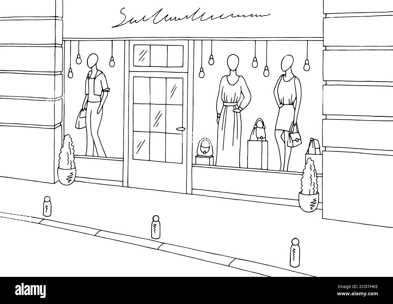 Tienda de ropa exterior blanco negro boutique dibujo ilustración vector Imagen Vector - Alamy