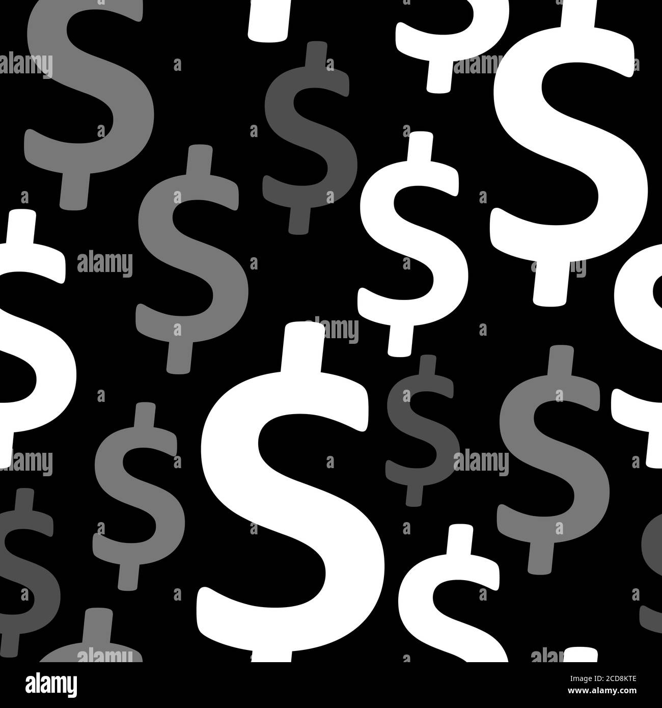 Signo de dólar patrón sin costuras. Fondo envolvente con símbolos de moneda de EE.UU. Repetitivos color gris blanco sobre fondo negro. Foto de stock