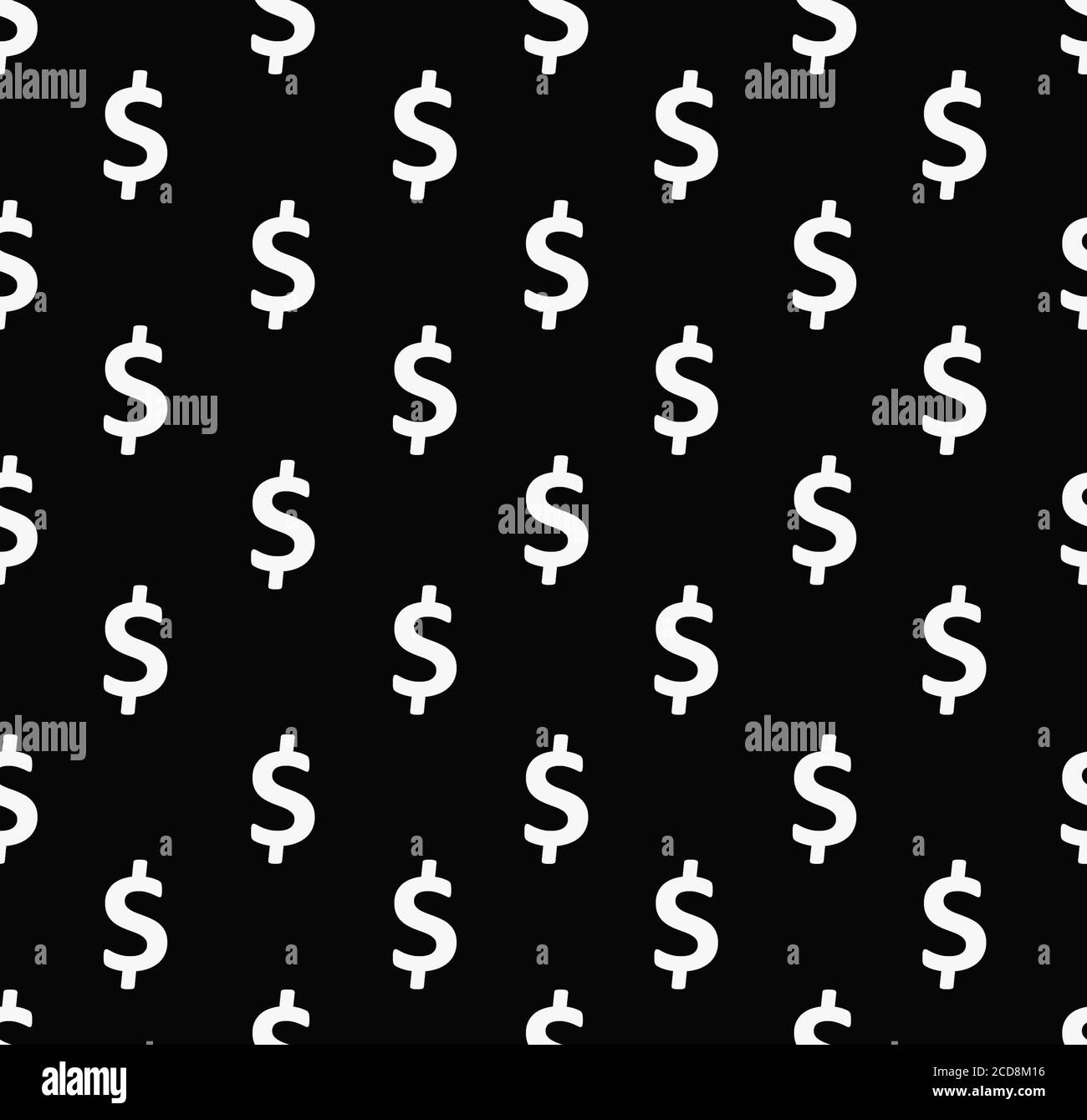 Signo de dólar patrón sin costuras. Fondo envolvente con símbolos de moneda de EE.UU. Repetitivos color blanco sobre fondo negro. Foto de stock