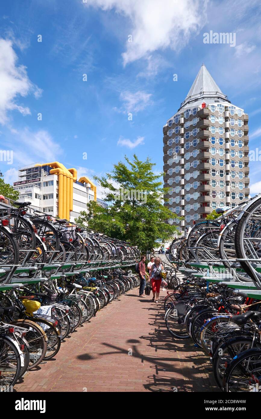 Países Bajos, provincia de Holanda Meridional, Rotterdam, el parque de bicicletas cerca del edificio de lápiz Foto de stock