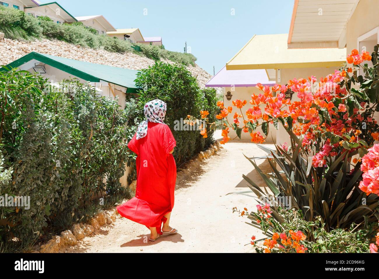 Marocco, Oued Ed-Dahab, Dakhla, PK25 Resort, joven marroquí en los verdes callejones de un eco-albergue Foto de stock