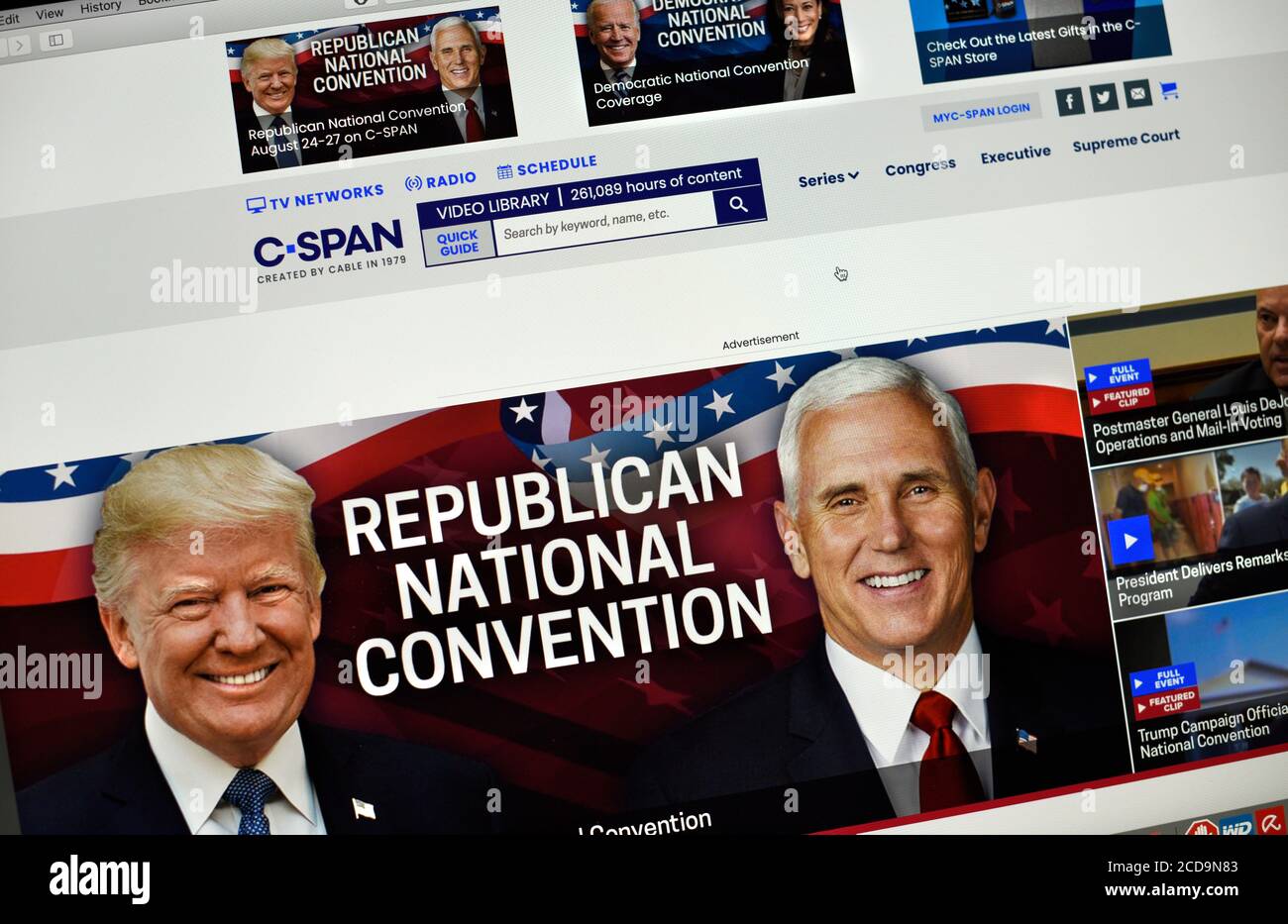 Una captura de pantalla de la página web de C-SPAN durante la cobertura de las Convenciones nacionales Republicanas y democráticas de 2020. Foto de stock