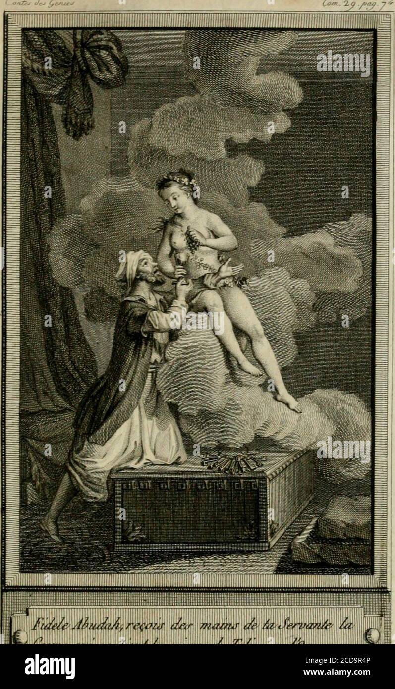 . Le cabinet des fs, ou collection choisie des contes des fs, et autotres contes merveilleux, orn de figures. . de laure elle y exprimoic le jus dun rai- ;fin délicieux. I « FiàèlôABudak laï dit-ell(î, reçois des mains !» De ta fervorante la coupé qui contient la fcience9» du ralifman dOrane. Bois CE nedar pré- :» cieux, couche-toi fur le cofre de fer, & CE j»»» tréfor ineftimible te tranfportera fans dangerf» dans ces contrées heurenfes où tu trouveras les ;j» clefs de tous les plaifîrs ». Après avoir prononcé ces mots avec une grâce Iinfinie, elle aprobación du marchand : celui-ci,tranfporté Foto de stock