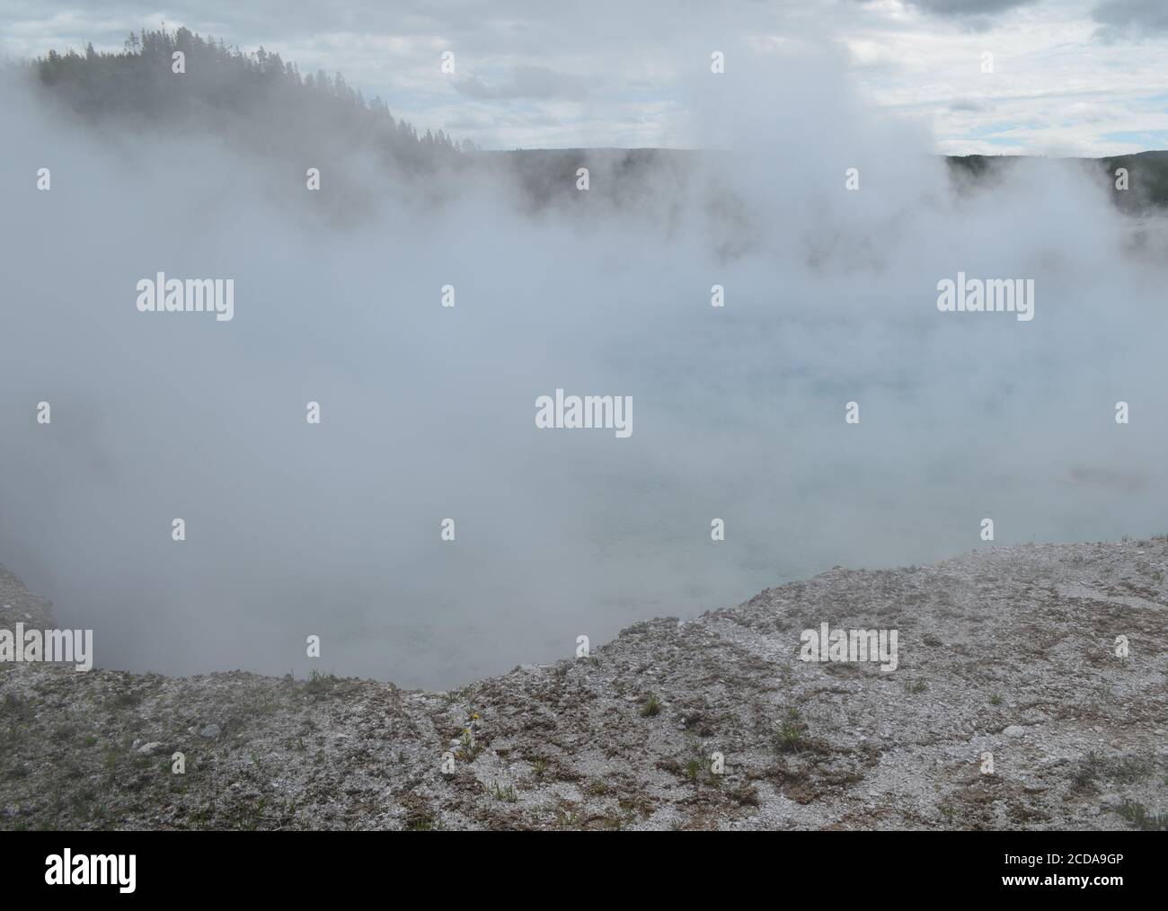 A finales de la primavera en el Parque Nacional de Yellowstone: El vapor denso se eleva desde el cráter del géiser Excelsior en la cuenca del géiser Midway Foto de stock