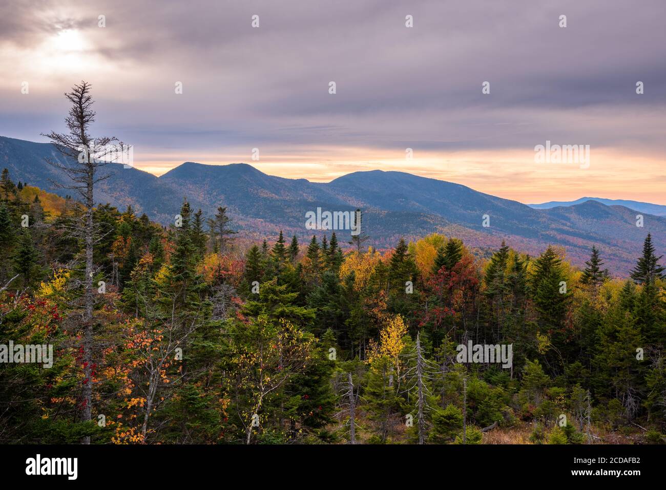 Espectacular cielo sobre las montañas boscosas en la cima del otoño follaje al atardecer Foto de stock