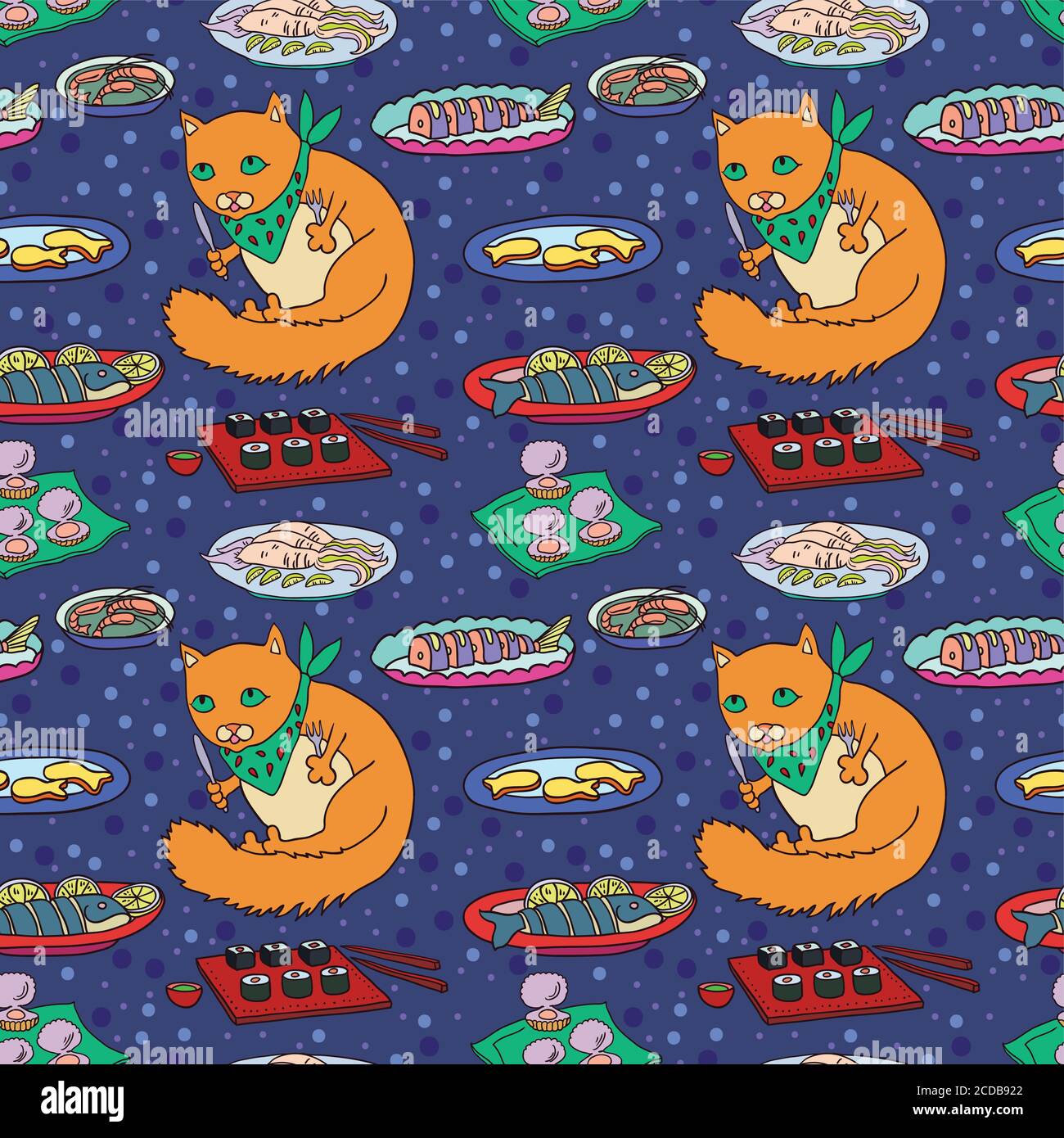 Lindo gato graso de dibujos animados comiendo mariscos y sushi. Patrón