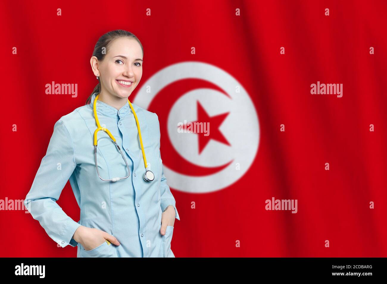 República de Túnez concepto de salud con médico en el fondo. Seguro médico, trabajo o estudio en el país Foto de stock