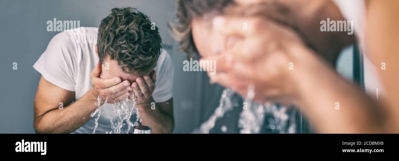 Hombre lavando cara salpicando agua en el baño lavabo macho cuidado de la piel belleza mañana rutina de fondo pancarta panorámica Foto de stock