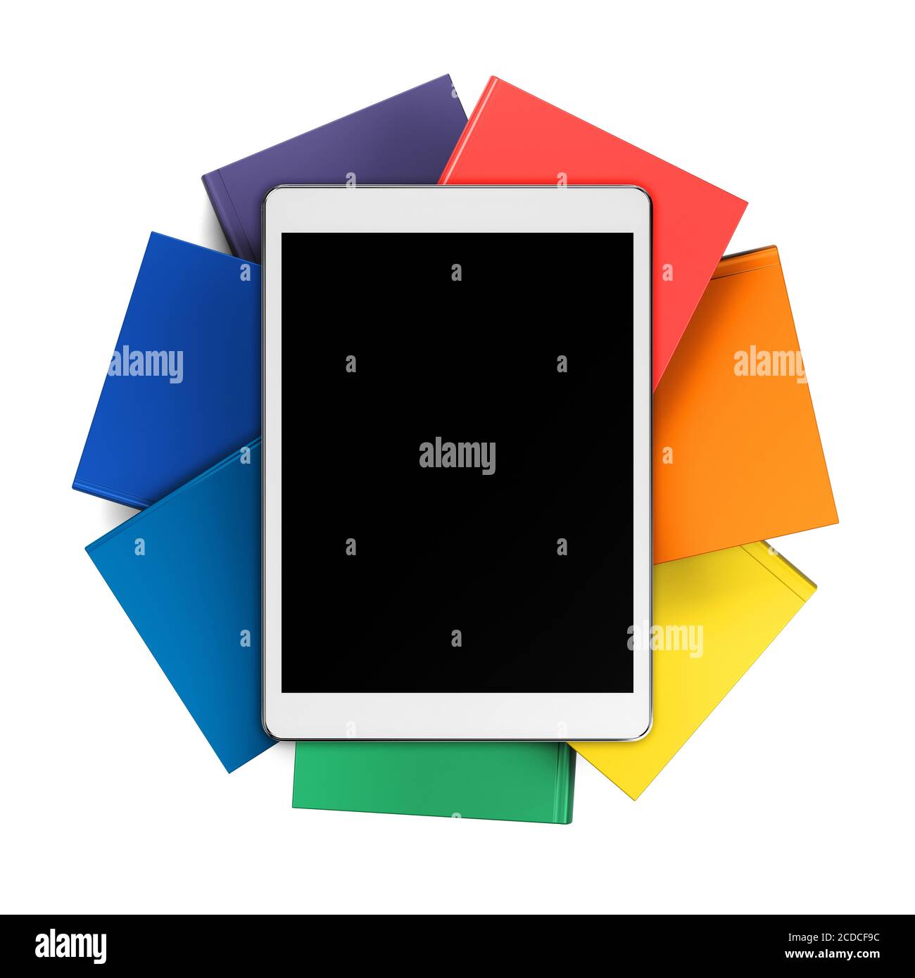 Tableta sobre pila de libros en colores arcoiris, vista frontal Foto de stock