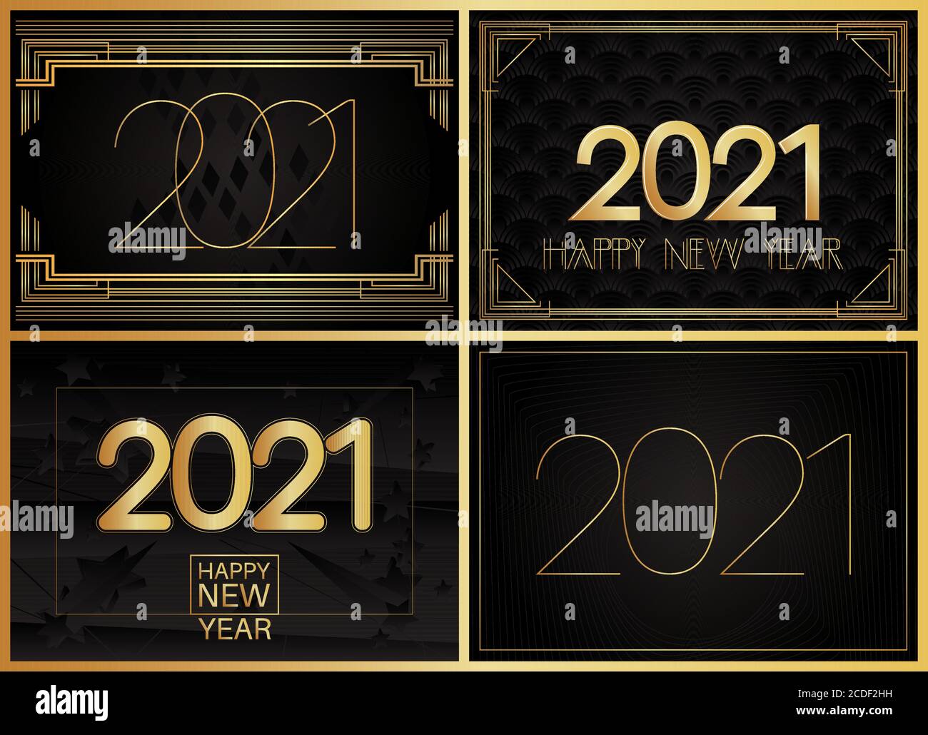 Art Deco 2021, tarjeta de felicitación de Feliz año Nuevo, colección de  pósteres. Tarjeta de vacaciones de lujo decorativa, signo con letras y  números vintage dorados Imagen Vector de stock - Alamy