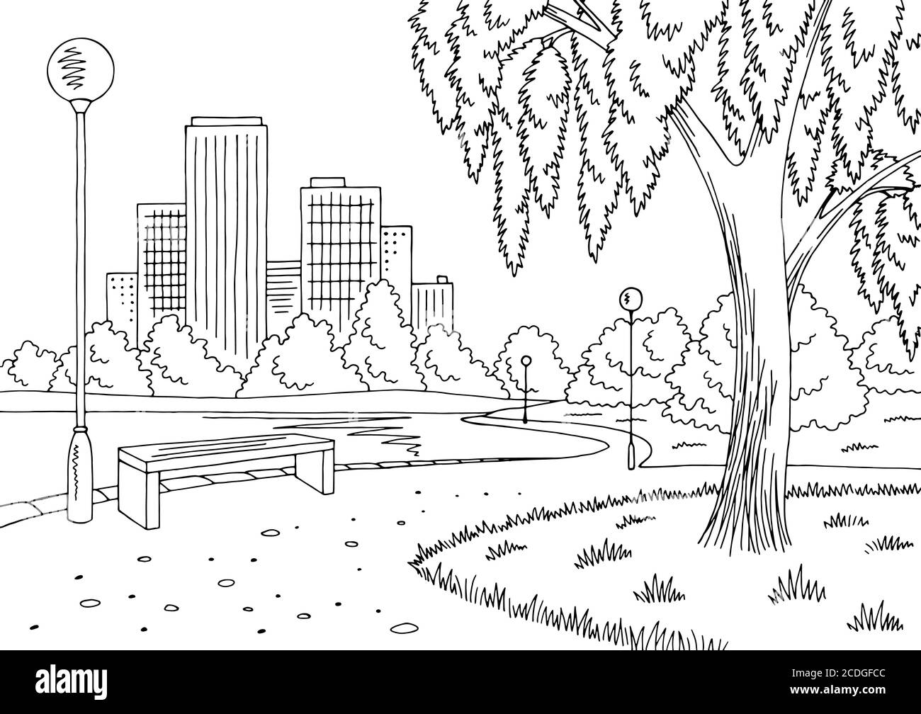 Parque lago gráfico negro blanco paisaje dibujo ilustración vector Ilustración del Vector