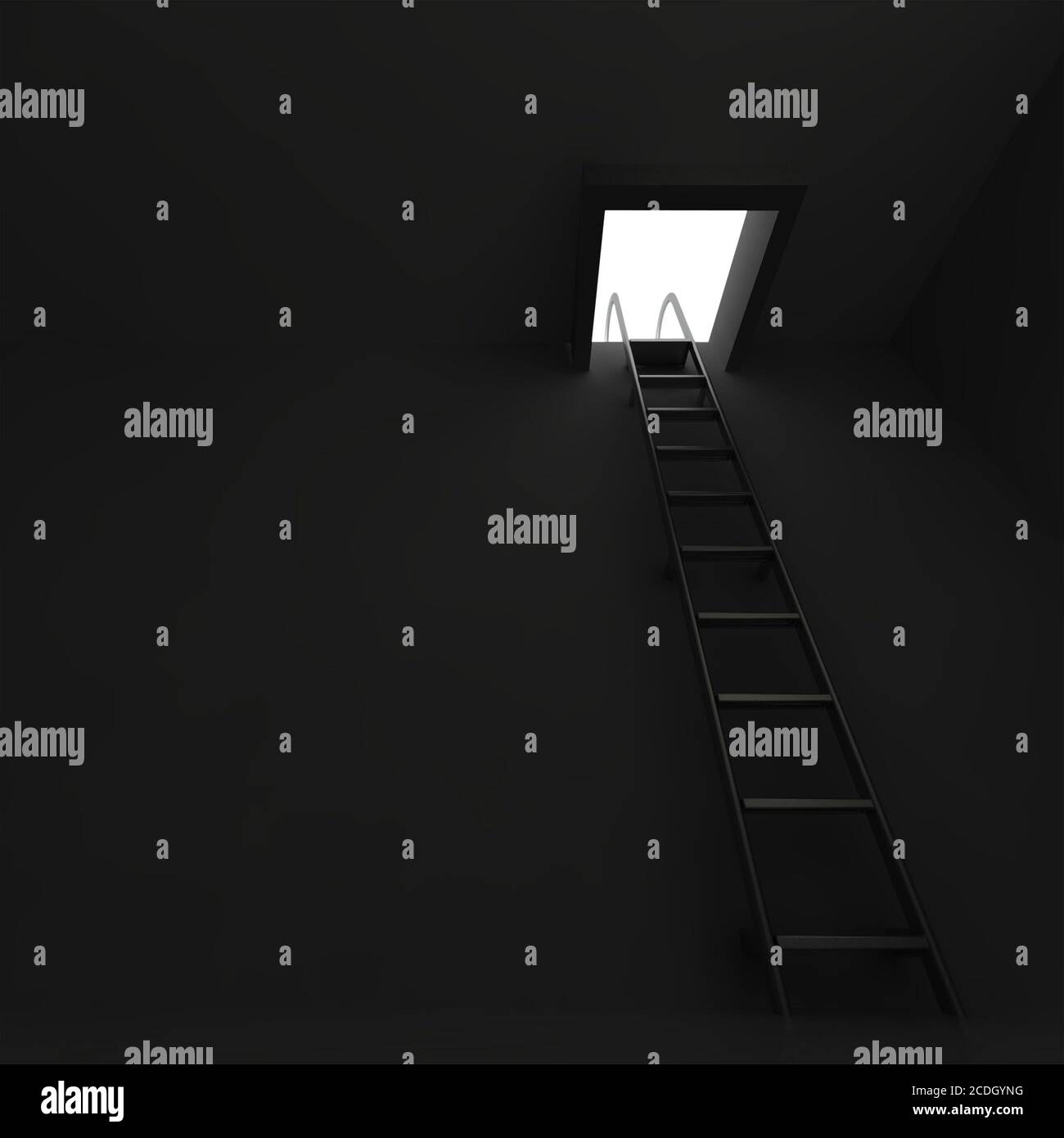 Boca cuadrada con una escalera de aluminio en la oscuridad Foto de stock