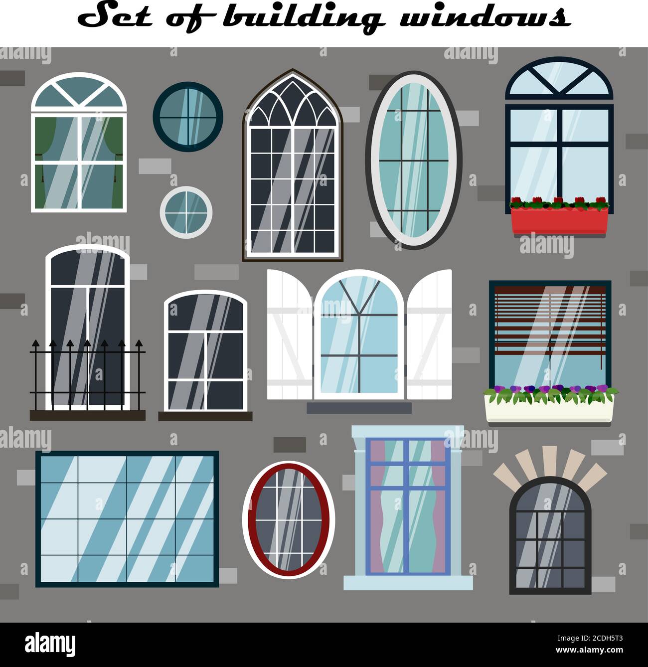 Sostener Forzado Alerta Un conjunto de ventanas vectoriales para edificios. Ilustración plana de  diferentes tipos y estilos de marcos y ventanas para la casa. Ventanas con  persianas, arcos, europeo, con un balcón, grande y doble