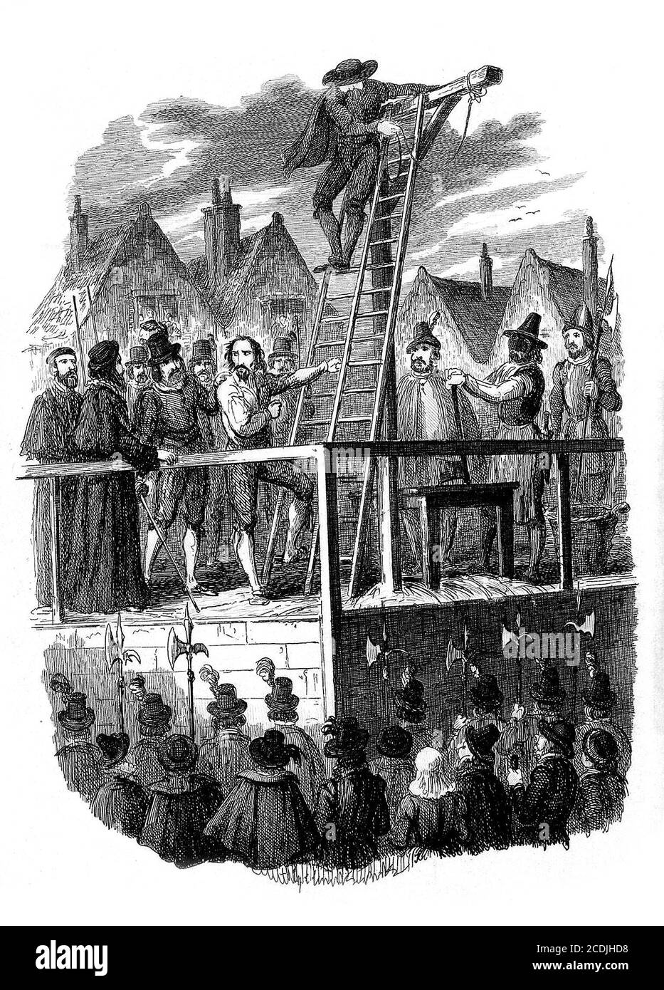 Guy Fawkes. Guy Fawkes ascendiendo el andamio para su ejecución, grabado por George Cruikshank, 1840 Foto de stock
