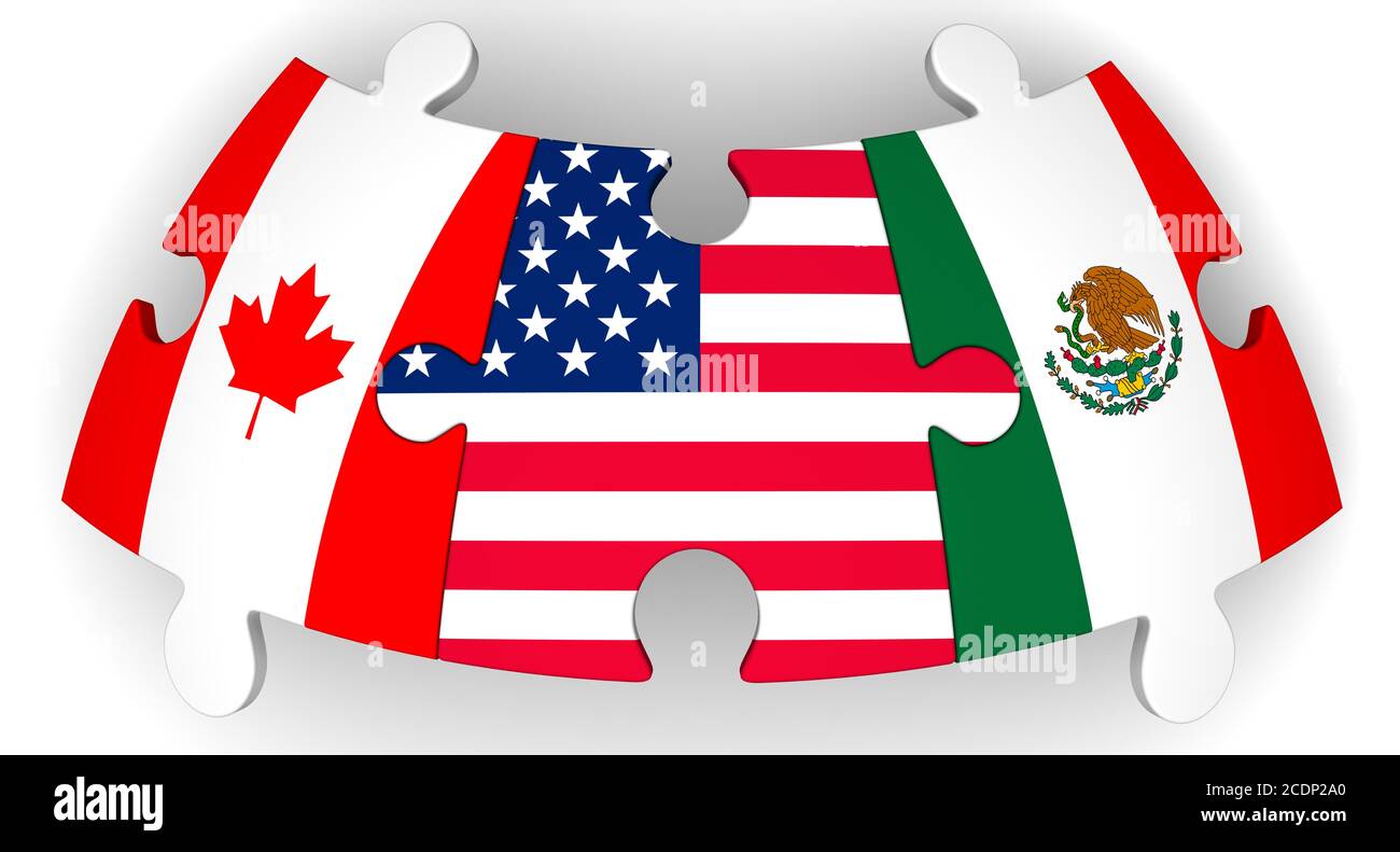 Rompecabezas con banderas de EE.UU., Canadá y México juntos en superficie blanca. El concepto de