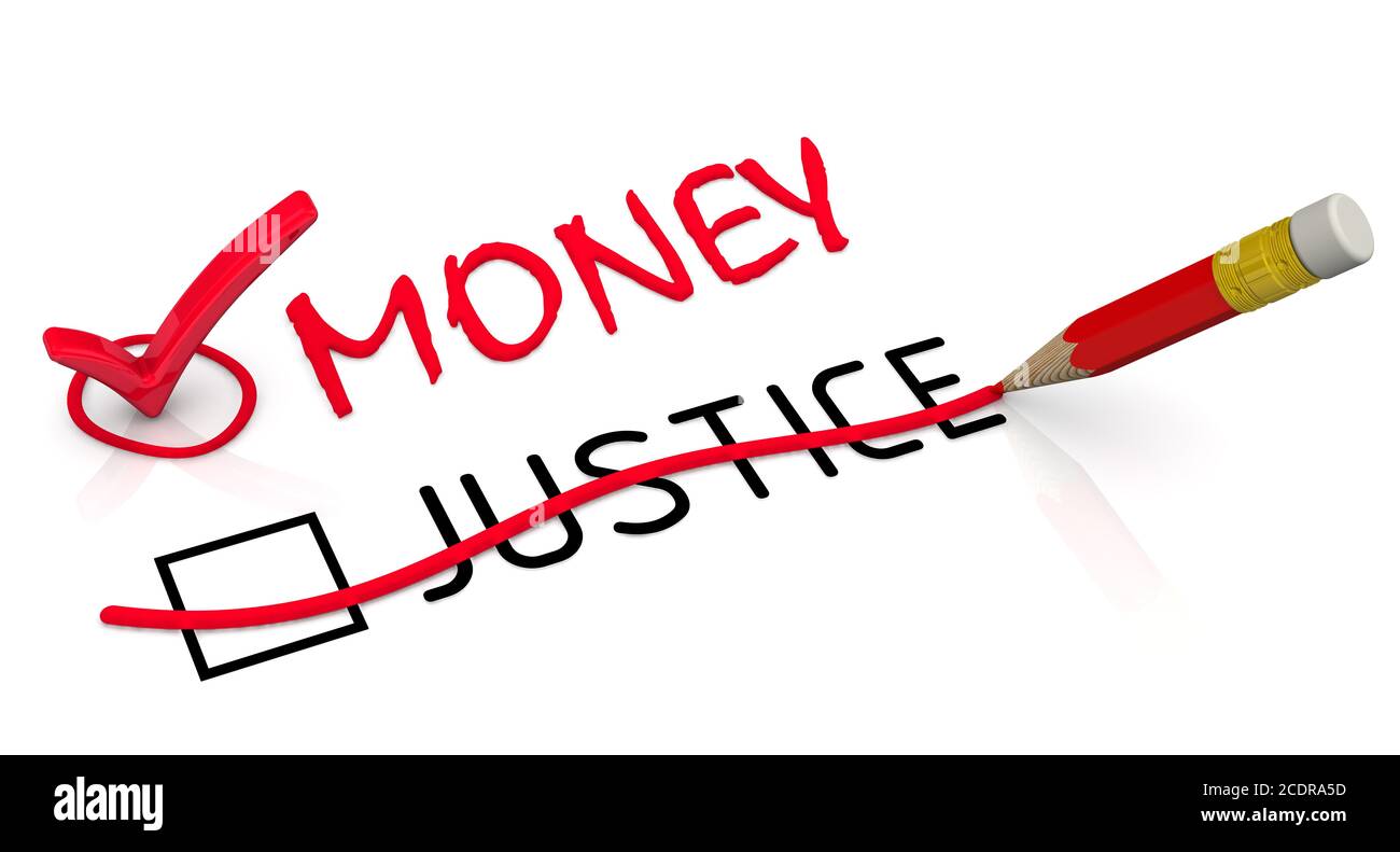 El dinero es más importante que la justicia. Un lápiz rojo tachó la palabra JUSTICIA y escribió la palabra roja DINERO. Ilustración 3D Foto de stock
