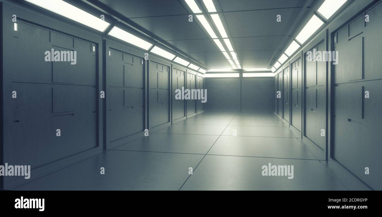 renderizar en 3d. Pasillo futurista. Concepto de arquitectura moderna y nave espacial interior Foto de stock
