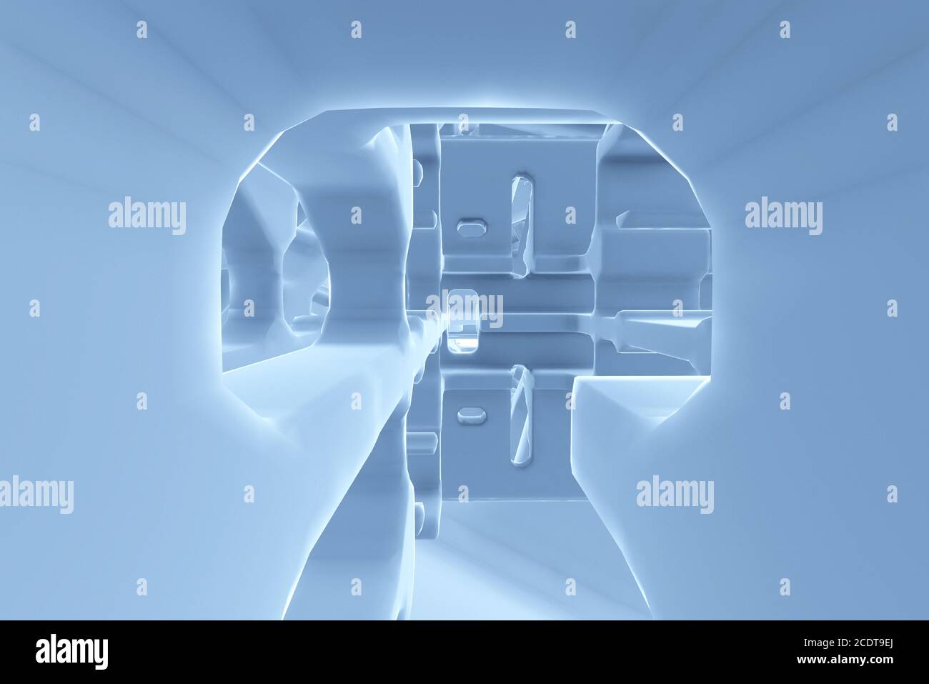 Resumen túnel futurista como corredor de naves espaciales metal azul en el espacio blanco. ilustración 3d Foto de stock