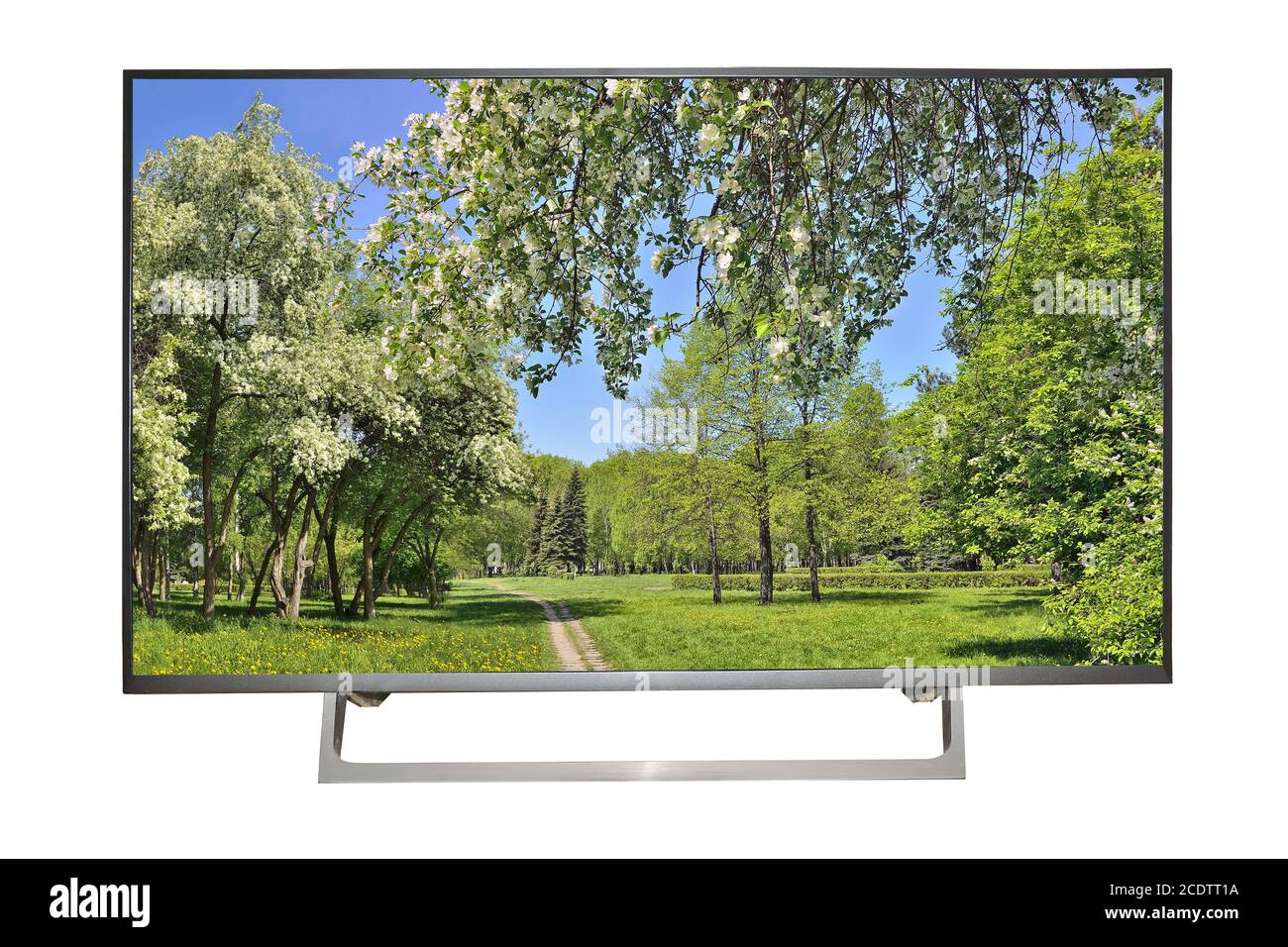 Moderno televisor o monitor de alta definición con paisaje primaveral en pantalla Foto de stock