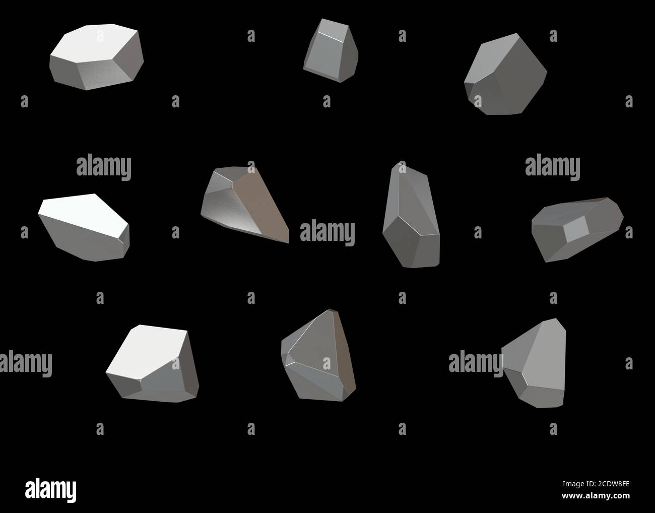 Joya de piedra de cristal mineral macro conjunto de colección de 10 unidades, cuarzo sobre fondo negro. Ilustración 3d Foto de stock