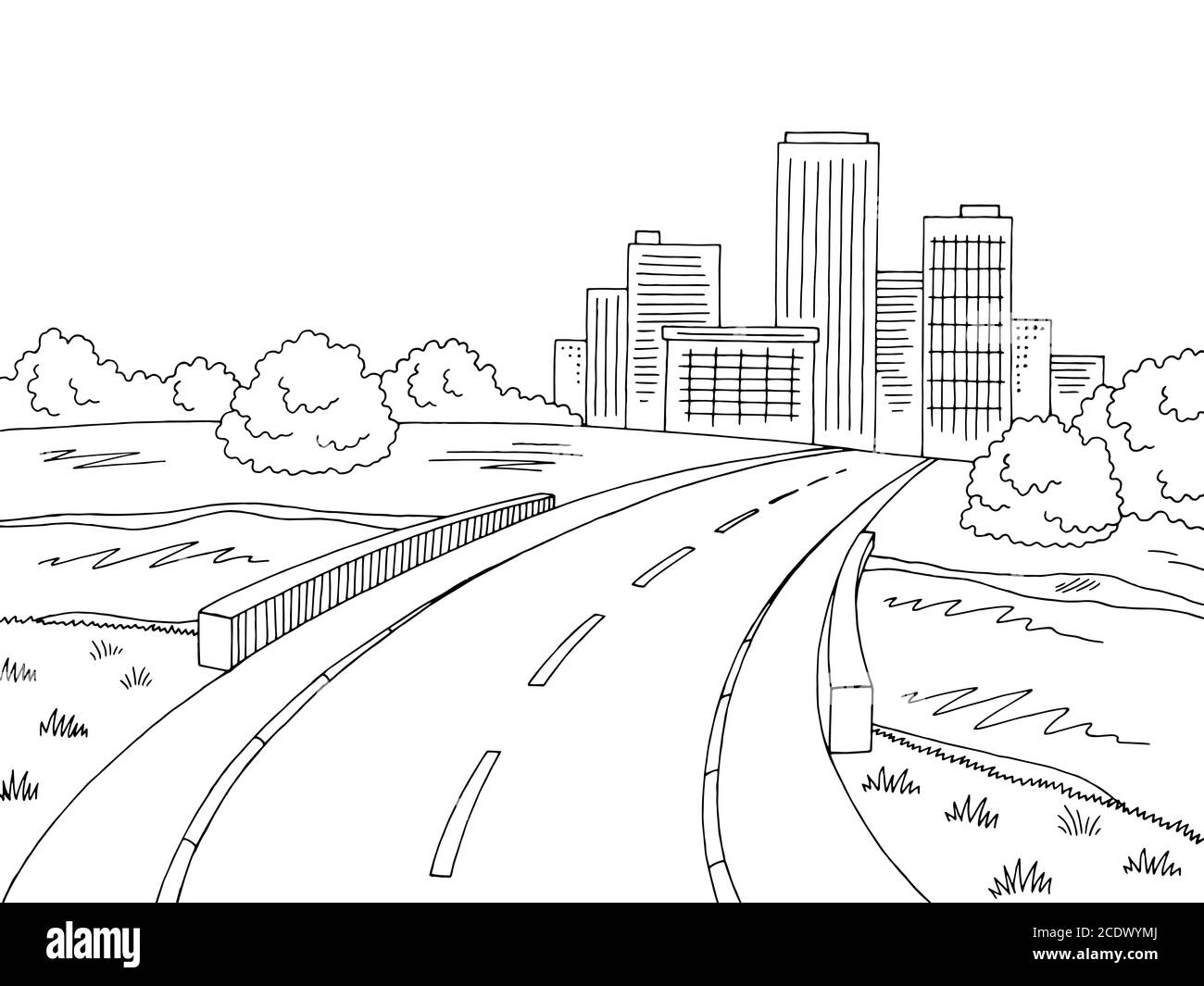 Puente de carretera gráfico negro blanco paisaje ciudad croquis ilustración vector Ilustración del Vector