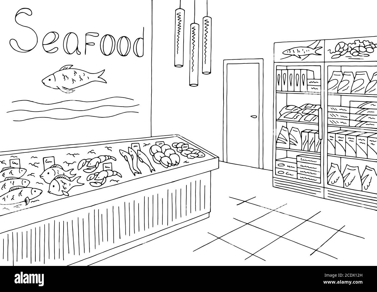 Tienda de comestibles gráfico mariscos tienda de pescado interior blanco negro boceto vector de ilustración Ilustración del Vector