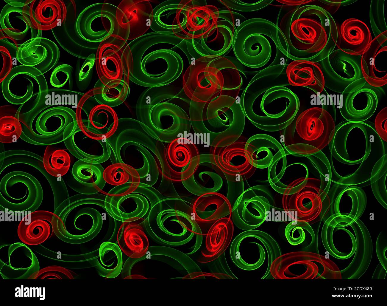 Iluminado en color verde y rojo oscuro líneas curvas de círculos sobre fondo abstracto. perfecta ilustración patrón. Foto de stock