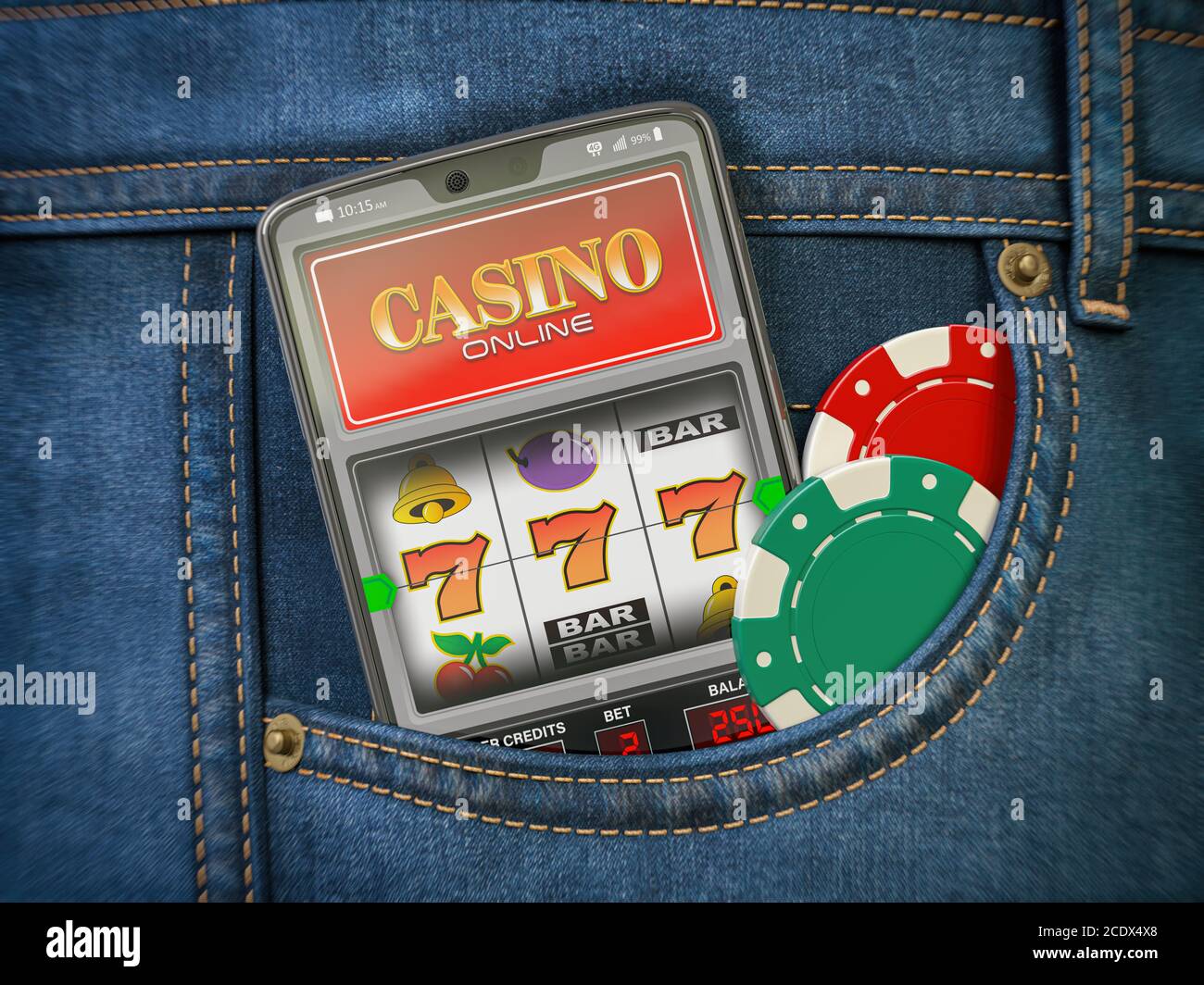Casino en línea. Teléfono móvil o smartphone con sota máquina Jackpot en la pantalla en el bolsillo de jeans. ilustración 3d Foto de stock