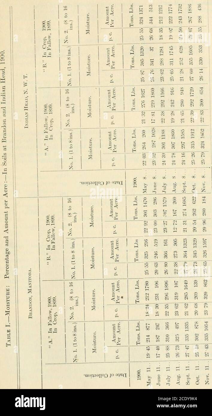 . Documentos de la sesión del dominio de Canadá 1901 . se han desanzado 8 pulgadas de profundidad entre el 17 y el 25 de abril; cultivado 2 pulgadas de profundidad cuatro veces, una vez cada uno en mayo, junio, julio y agosto. Parcela B.—en la cosecha 1900, arado 6 pulgadas de profundidad entre el 1 y el 15 de junio de 1899, cultivado 3 pulgadas de profundidad 3 veces durante julio y agosto de ese año, arado a finales de agosto 6 pulgadas de profundidad, pero no arado o cultivado antes de sembrar este año. Seedsown abril de 30. Grano cosechado 14 de agosto de 1900. Las lluvias durinjas son las siguientes:— la investigación, en Brandon y Indian Head, está tabulada Brandon, Man. LlHh-. Mayo de 11 a junio de 11 83 Foto de stock