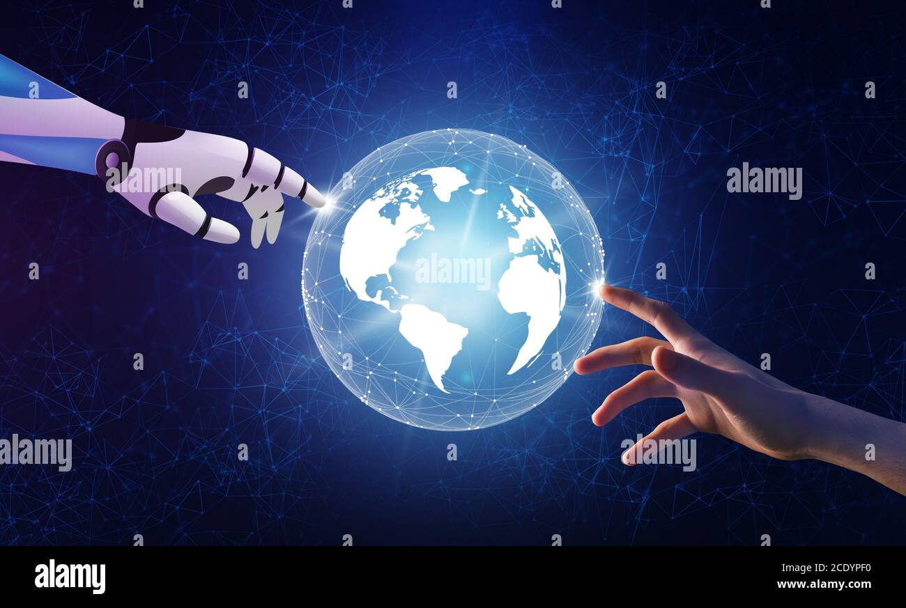 Inteligencia artificial. Brazo robot futurista y mano humana tocando el  mundo digital Fotografía de stock - Alamy