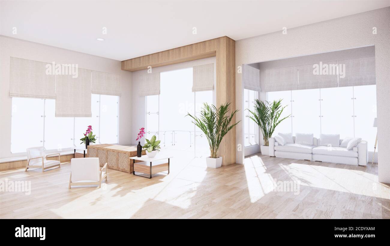Una sala de estar con un sofá en un estilo minimalista Sala de estar de  estilo White tropical con suelo de madera. Renderizado en 3D Fotografía de  stock - Alamy