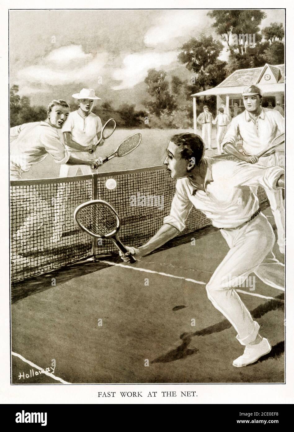 Trabajo rápido en la red, 1920 ilustración de la acción del partido de tenis con una volley tomada inteligentemente en los cuartos cerrados en un partido apretado de dobles Foto de stock